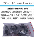 All In One Electronic Component Kit With 1390 Pieces Including LED Diodes, Metal Film Resistors, Electrolytic Capacitors, Ceramic Capacitors, Common Diodes And Transistors In Handy Storage Box. Image of 17 types of common transistors packaged in clear bags.