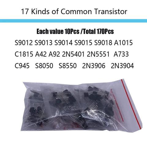 All In One Electronic Component Kit With 1390 Pieces Including LED Diodes, Metal Film Resistors, Electrolytic Capacitors, Ceramic Capacitors, Common Diodes And Transistors In Handy Storage Box. Image of 17 types of common transistors packaged in clear bags.