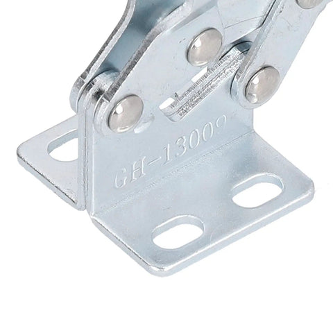 Heavy Duty Toggle Clamps For Welding Woodworking Sheet Metal Work Holding Fixture With Plastic Handle Lever mechanism, close-up of metal clamp.