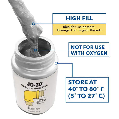 JC 30 Thread Sealant For Extreme Temps And High Pressure Pipes And Valves For Metal And PVC Sealing Gas Lines Water And Fuel Cryogenics With Brush Included Pint jar with sealant being applied.