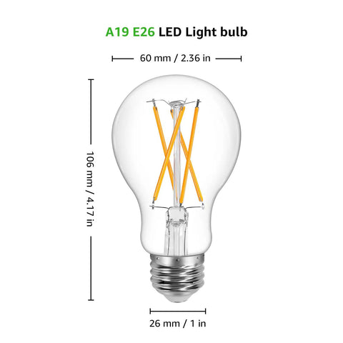 Vintage Style Dimmable LED Filament Bulbs 8W 800LM 60W Equivalent A19 E26 Base Clear Glass 2700K Warm White bulb dimensions