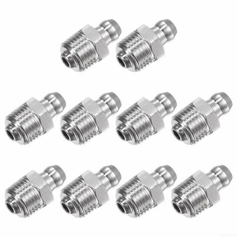 Heavy Duty 201 Stainless Steel Straight Hydraulic Grease Fittings With Exact M10 X 1mm Thread Fits Auto Truck And Machinery Rust Resistant Leaking Proof Built To Last Through Industrial Jobs Saving Money And Keeping Your Equipment Safe And Works Great. 10-pack stainless steel straight grease fittings with M10 x 1mm thread