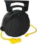 40 Ft Cable Reel With Triple Outlet And 15A Circuit Breaker Protection, 12 3 SJTW Cable, black housing, yellow cord.