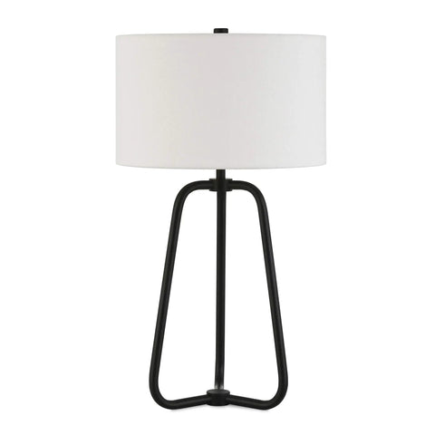 Cool Tall Table Lamp 25.5 Inches With Blackened Bronze Finish And White Fabric Drum Shade, front view. Nightstand and desk light.