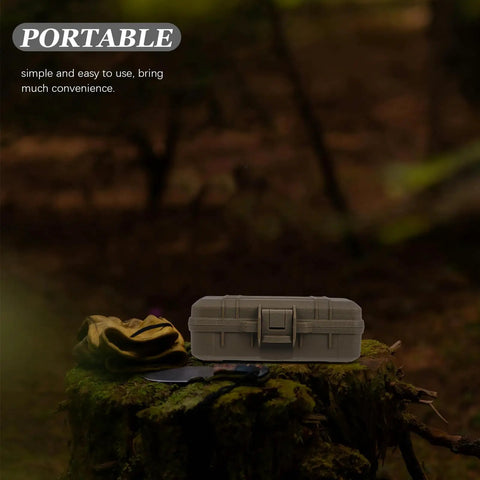 Tough As Nails Heavy Duty Plastic Toolbox With Interlocking Stackable Design And Thick Three Layer Foam Cushioning For Job Site Ready Water Resistant Gear Storage And Drop Safe Protection on a stump outdoors.