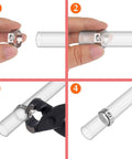 Step-by-step guide using 9 Inch Ear Clamp Pliers Carbon Steel Pincer Tool Single Ear Crimp Pincers on transparent tubing.