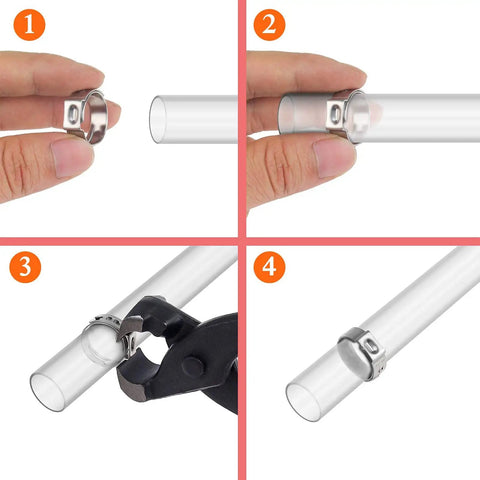 Step-by-step guide using 9 Inch Ear Clamp Pliers Carbon Steel Pincer Tool Single Ear Crimp Pincers on transparent tubing.