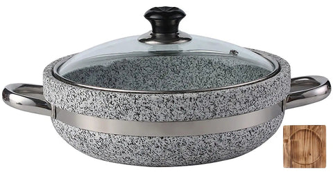 Heavy Duty Thick Granite Stone Bowl With Wood Base And Glass Lid Induction Ready Donabe Style Pot 30 cm for Bibimbap Rice Bowls 
