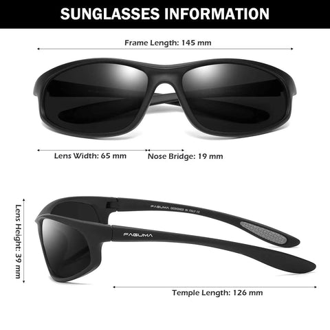 Polarized Sports Sunglasses For Men Built For Cycling Driving And Fishing UV400 Protection With TAC HD 7 Layer Lens dimensions view