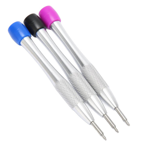 Pro Grade Watch Movement Screwdriver Kit with three color handles for triangular oscillating weight rotor screwdrivers.