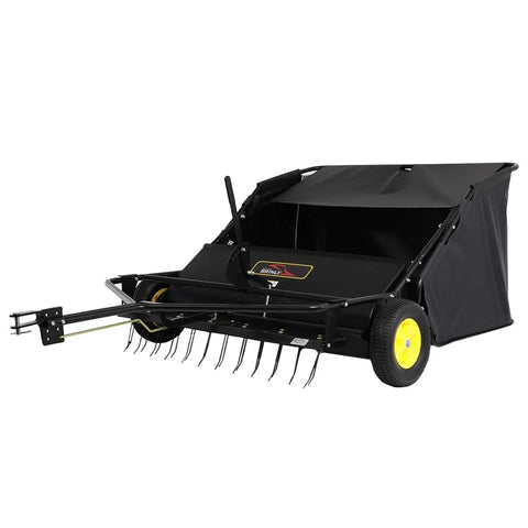 40 Inch Tow Behind Lawn Sweeper With Dethatcher And Hamper Windscreen 2 In 1 Dethatch And Sweep For Quick Yard Cleanups