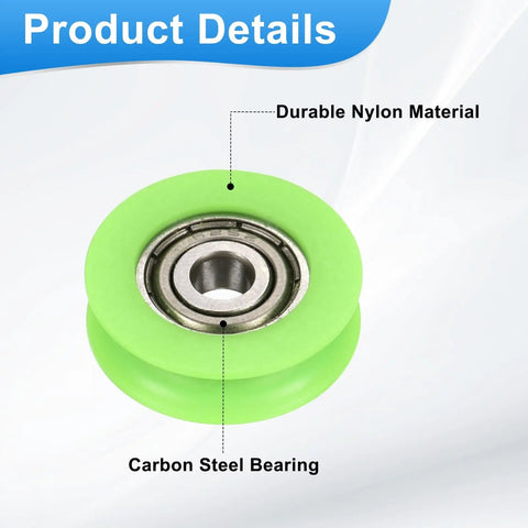 10 Piece Green U-Groove Nylon Plastic Guide Bearings Rollers 5X23X7mm showing carbon steel bearing and durable nylon material.