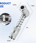 Side view of chrome grease gun tip with 90-degree coupler, knurled grip, and spring shaft; close-up inset