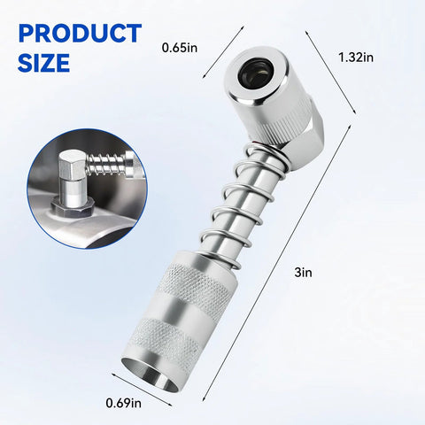 Side view of chrome grease gun tip with 90-degree coupler, knurled grip, and spring shaft; close-up inset