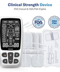 Front view of white Alcedo TENS/EMS handheld unit with adhesive electrode pads