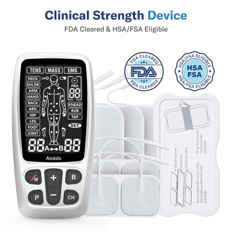 Front view of white Alcedo TENS/EMS handheld unit with adhesive electrode pads