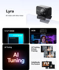 Hella Crisp 4K Webcam With Massive 1.5 Inch Sensor And Killer Low Light Vision Plus Smooth AI Auto Framing Tracking For Zoom TikTok Live Streaming With Direct Wireless Mic Support And Privacy Lock on a clear display.
