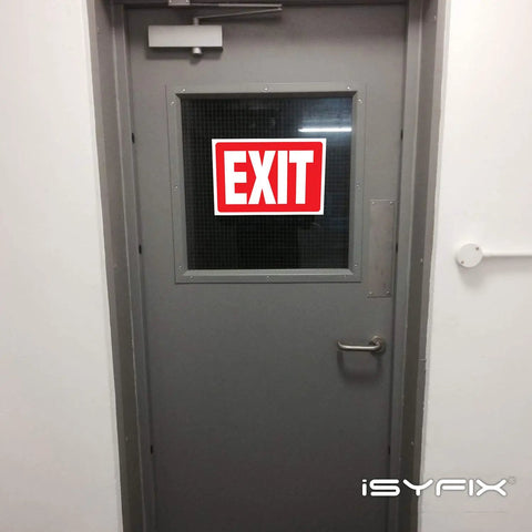 Exit door with 2 Pack 10x7 Inch Exit Sign Stickers, Premium Self-Adhesive Vinyl Laminated For Ultra UV Weatherproof Scratch-Resistant Finish