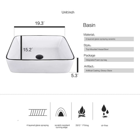 Dope White Ceramic Above Counter Vessel Sink Combo With Black Faucet And Pop Up Drain 19 By 15 Inches Rectangular Porcelain Basin