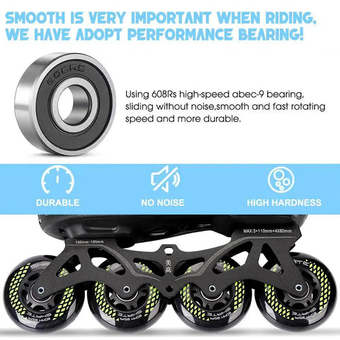 Close-up of ABEC9 bearing and 8 pack inline skate wheels set with 72mm 76mm 80mm options, 85A PU includes spacers for ultra smooth rides.