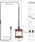 Cozy Farmhouse Style Plug In Pendant Light With Rustic Wood And Glass Cylinder, Industrial Hanging Lighting Fixture With On Off Switch For Kitchen Island, Bronze Metal Finish, dimensions included.