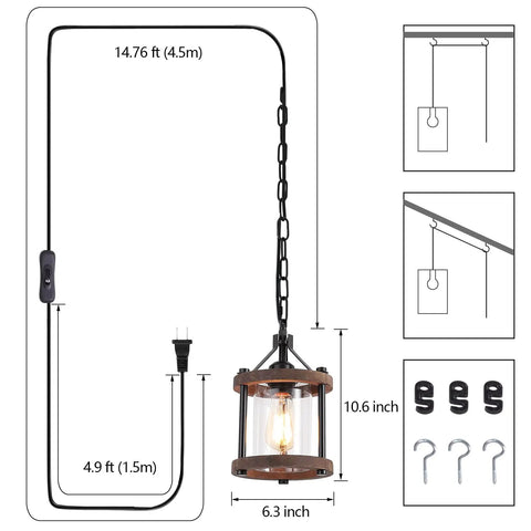 Cozy Farmhouse Style Plug In Pendant Light With Rustic Wood And Glass Cylinder, Industrial Hanging Lighting Fixture With On Off Switch For Kitchen Island, Bronze Metal Finish, dimensions included.