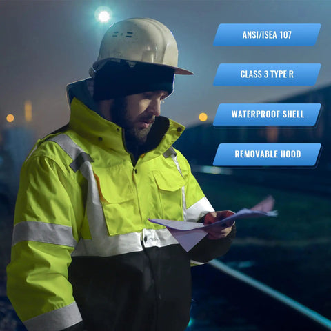 High Visibility Reflective Work Jacket For Men Waterproof ANSI Class 3 Hi Vis Yellow Coat With Pockets Black Bottom Cold Weather Construction Gear XL 1 Pack Fleece Lined 300D Oxford Shell worn by man outdoors at night