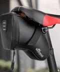 Close-up of waterproof saddle bag from Bike Tire Repair Kit With Waterproof Saddle Bag On The Go attached under a bicycle seat.
