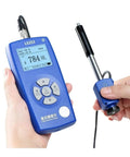 Heavy Duty Wireless Leeb Hardness Tester With Slick App Control And Built In Printer For Steel Testing showing blue handheld device with dual coil probe.