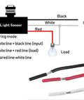 Wiring diagram of Outdoor Photoelectric Switch Auto Lights No Fuss Dusk To Dawn Sensor illustrating black, white, and red connections