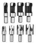 Badass 8 Piece Wood Plug Cutter Set Made From Heavy Duty Carbon Steel With Round Shank Design and Four Standard Cutters shown from above.