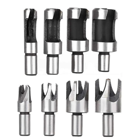 Badass 8 Piece Wood Plug Cutter Set Made From Heavy Duty Carbon Steel With Round Shank Design and Four Standard Cutters shown from above.