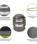 Stacked 16 Piece Camping Cookware Mess Kit with Pots and Pans, Mini Stove, and 2 Cups, featuring aluminum non-stick design.