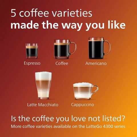 5 coffee varieties including Espresso, Coffee, Americano, Latte Macchiato, Cappuccino from Straight Fire Fully Automatic Espresso Machine With LatteGo