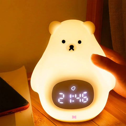 Soft BPA-Free silicone bear night light glowing on bedside table with digital clock display for kids' bedrooms and nurseries