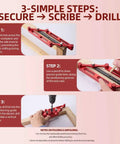 Heavy Duty Center Finder Gauge With Interchangeable Stainless Rods showing steps to secure, scribe, and drill on wooden workpiece.