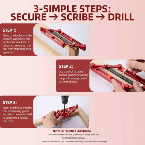 Heavy Duty Center Finder Gauge With Interchangeable Stainless Rods showing steps to secure, scribe, and drill on wooden workpiece.