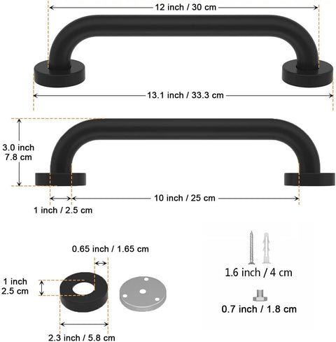 Dimensions of Matte Black Shower Grab Bar 12 Inch One Inch Diameter Heavy Duty Stainless Steel Safety Handle Wall Mounted