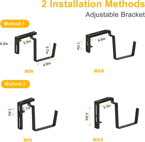 Heavy Duty Black Balcony Rail Planters 16.9 Inch Deck Flower Boxes adjustable metal brackets with measurements for installation methods.