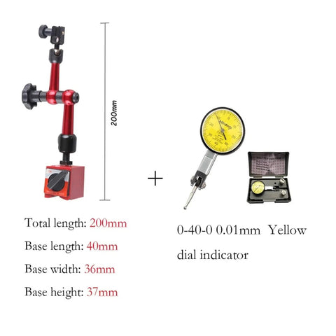 Precision 200mm Universal Small Dial Indicator With Magnetic Stand Base Holder 0-0.8mm Range 0.01 Dial Readout For Accurate Equipment Calibration And Pro Grade Measurement In Manufacturing And Workshop, yellow dial