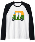 Dope Auto Rickshaw Costume Graphic Tee For Men Women And Youth Classic Fit Black Raglan Baseball Shirt with colorful rickshaw print.