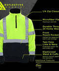 High Visibility 2 Tone Safety Sweatshirt With ANSI Class 3 Compliance Quarter Zip Lime And Navy XL Reflective Tape shown with features