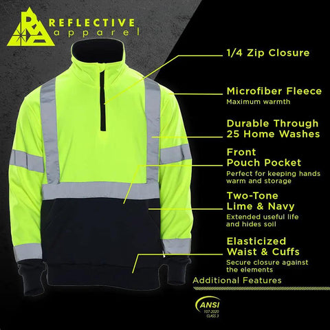 High Visibility 2 Tone Safety Sweatshirt With ANSI Class 3 Compliance Quarter Zip Lime And Navy XL Reflective Tape shown with features