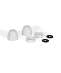 Secure Toilet Bolt Caps White Easy Screw On Replacement For Most Toilets Universal Fit with washers displayed on white background.
