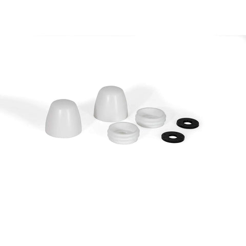 Secure Toilet Bolt Caps White Easy Screw On Replacement For Most Toilets Universal Fit with washers displayed on white background.