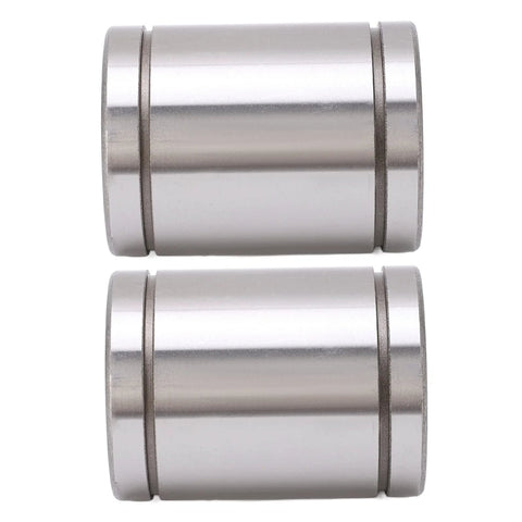 Two silver cylindrical linear ball bearings for 3D printers; metal body