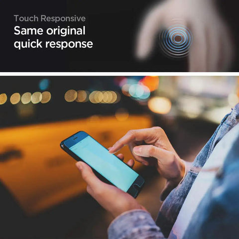 Person using iPhone with GlasTR AlignMaster Tempered Glass Screen Protector, focus on touch response.