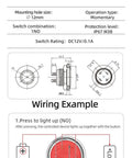 Technical diagram of 12mm Momentary Push Button Switch IP67 Waterproof Stainless Steel Blue LED Illuminated 1NO Momentary Action
