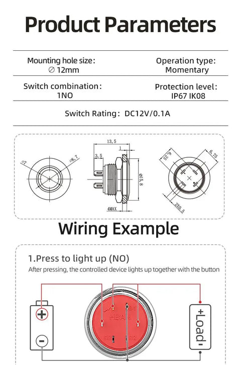 Technical diagram of 12mm Momentary Push Button Switch IP67 Waterproof Stainless Steel Blue LED Illuminated 1NO Momentary Action