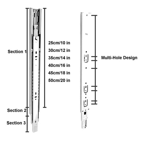 Rock Solid Premium Soft Close Drawer Slides Full Extension Side Mount Ball Bearing Runners With Easy Bolt Install Kit For Kitchen Cabinets And Toolboxes Silver 45 Cm showing multi-hole design for adjustable mounting options.